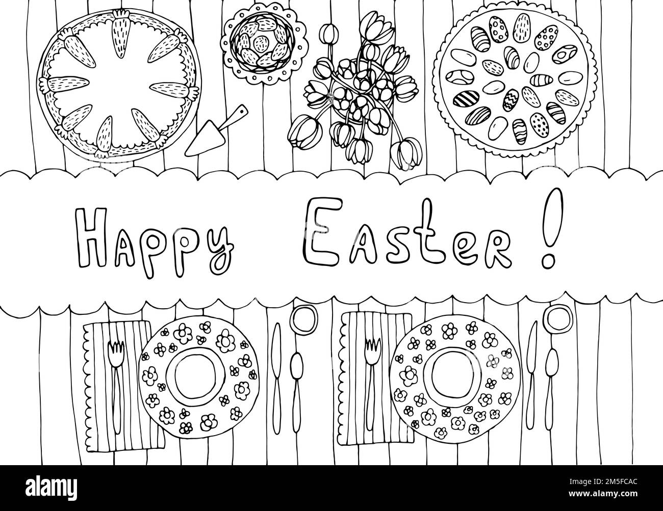 Easter dinner table coloring page Stock Vector