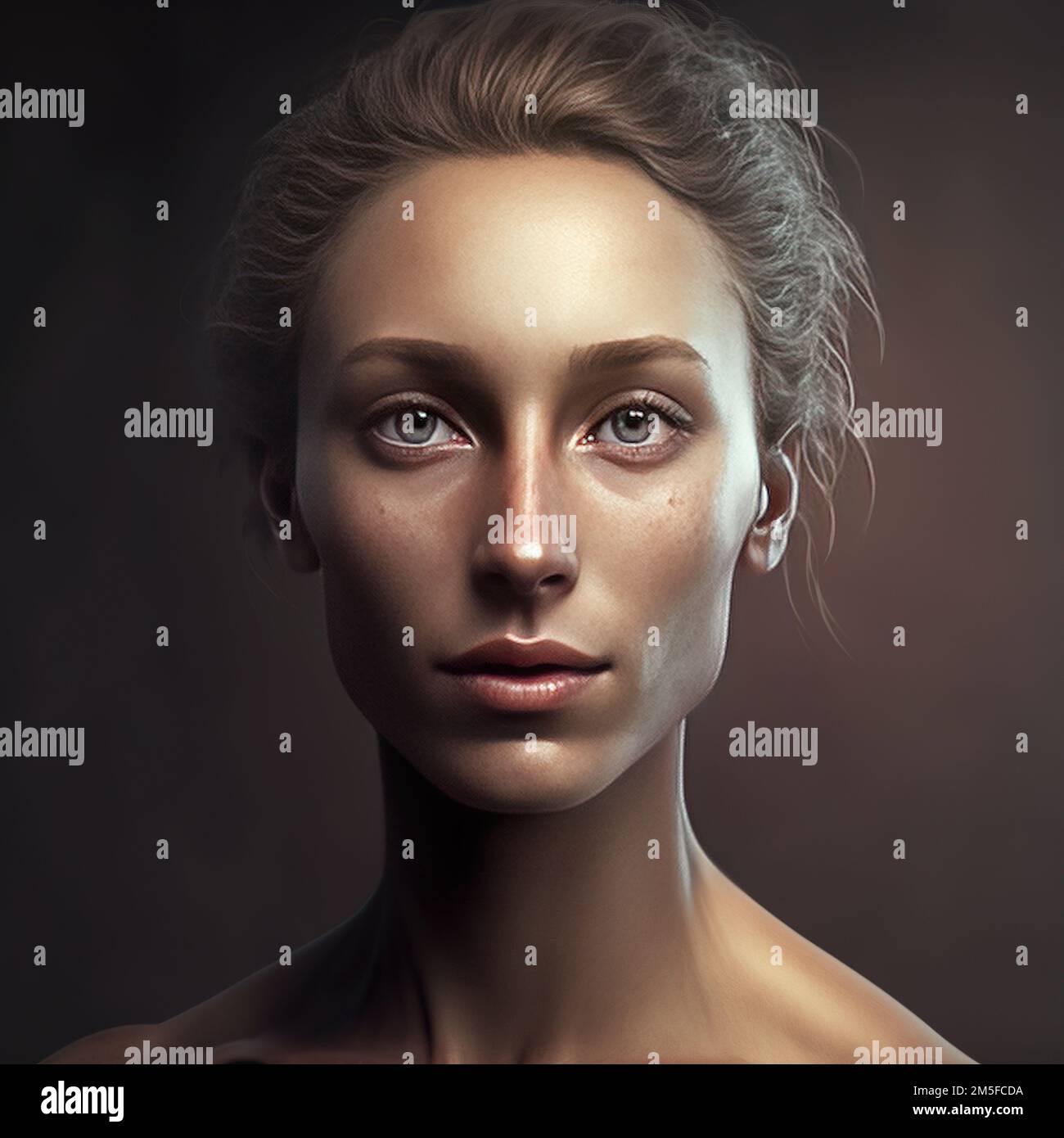 An illustration of a pretty female model face with light brown hair