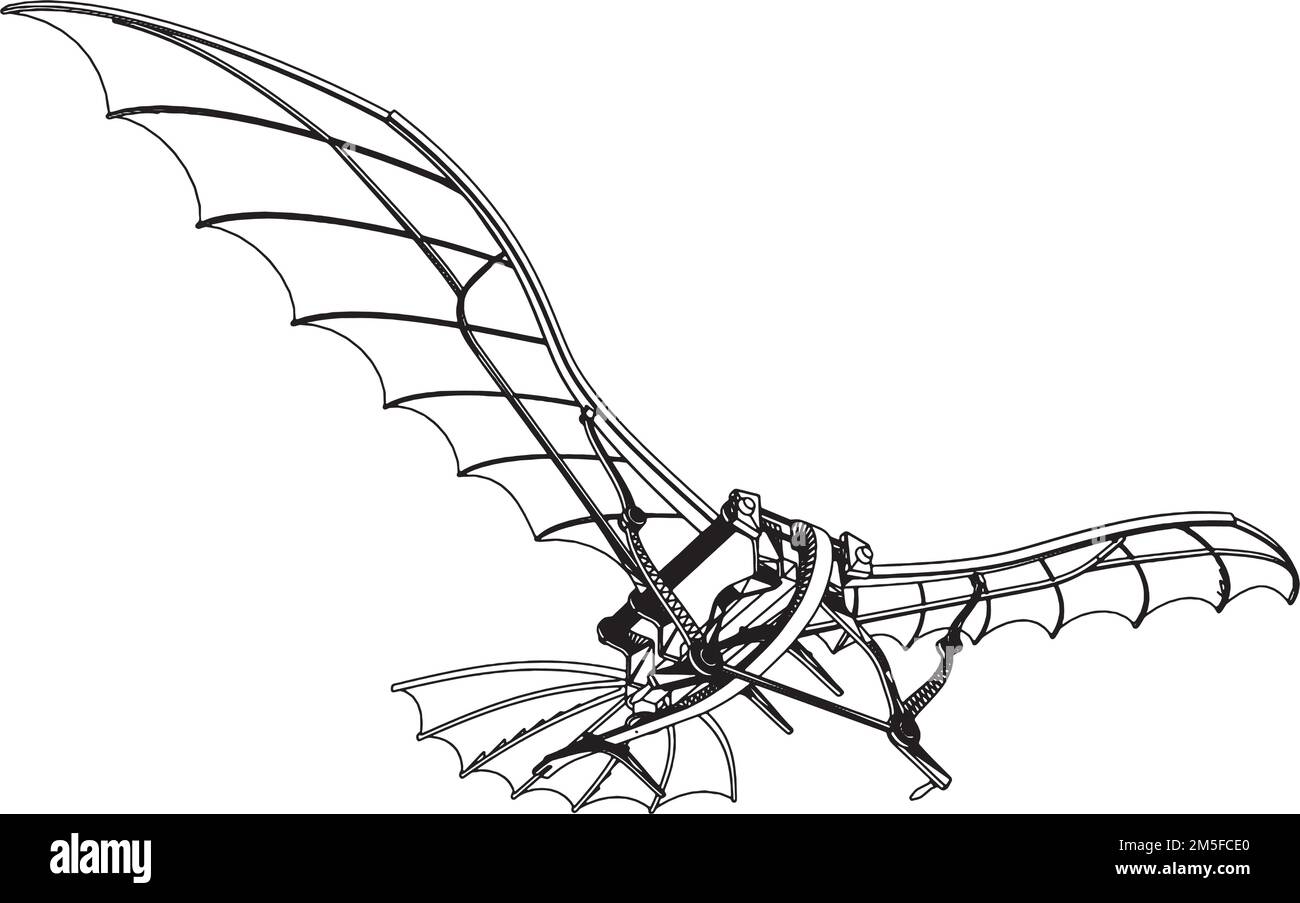 Flying Machine Leonardo da Vinci Antique Hang Glider Vector. Illustration On White Background. A vector illustration Of A Glider. Stock Vector