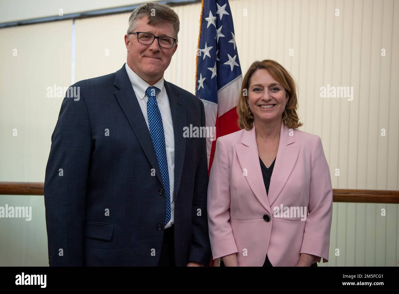 Deputy Secretary of Defense Kathleen H. Hicks stands with Todd McDowell Strategic Capabilities Office general counsel prior to a tour of SCO facilities at Chantilly, Va., March 11, 2022. (DoD photo by U.S. Air Force Tech. Sgt. Jack Sanders) Stock Photo