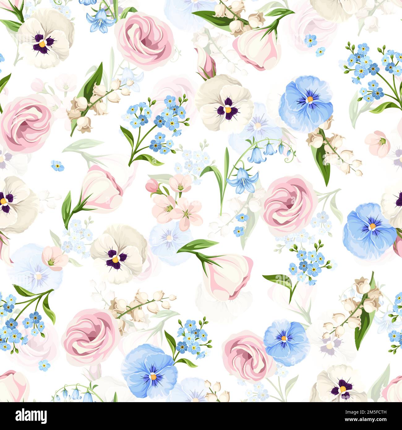 Seamless floral pattern with pink, blue, and white lisianthus flowers, pansy flowers, lily of the valley, and forget-me-not flowers on a white backgro Stock Vector