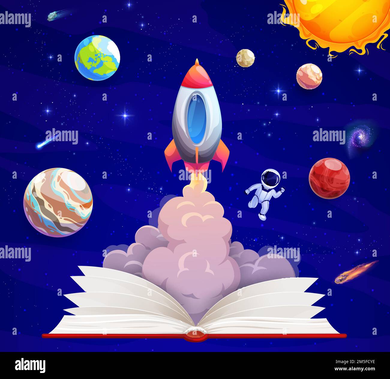 School book with rocket launch and space landscape. Knowledge and
