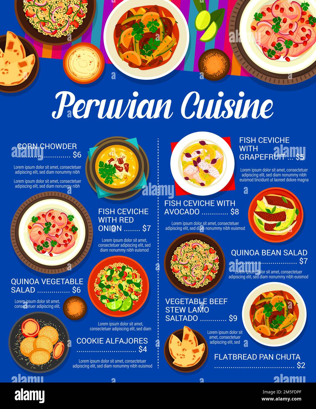 Peruvian cuisine menu with vector fish, meat and vegetable food. Seafood ceviche and beef stew lomo saltado with flatbread and quinoa salad, corn chowder and dulce de leche sandwich cookie alfajor Stock Vector