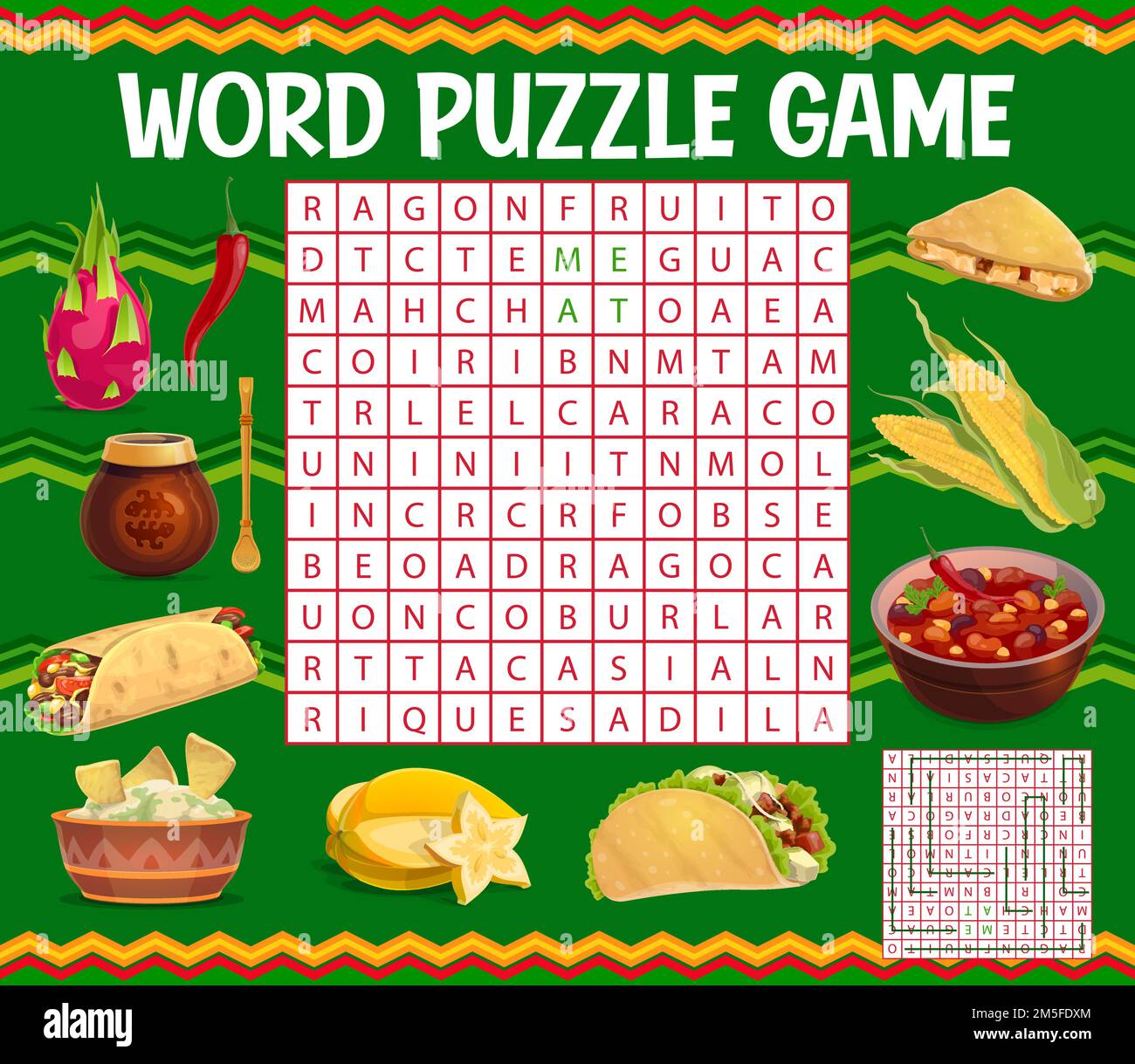 Mexican cuisine food. Word search puzzle game worksheet, vector quiz with pitaya fruit, chili