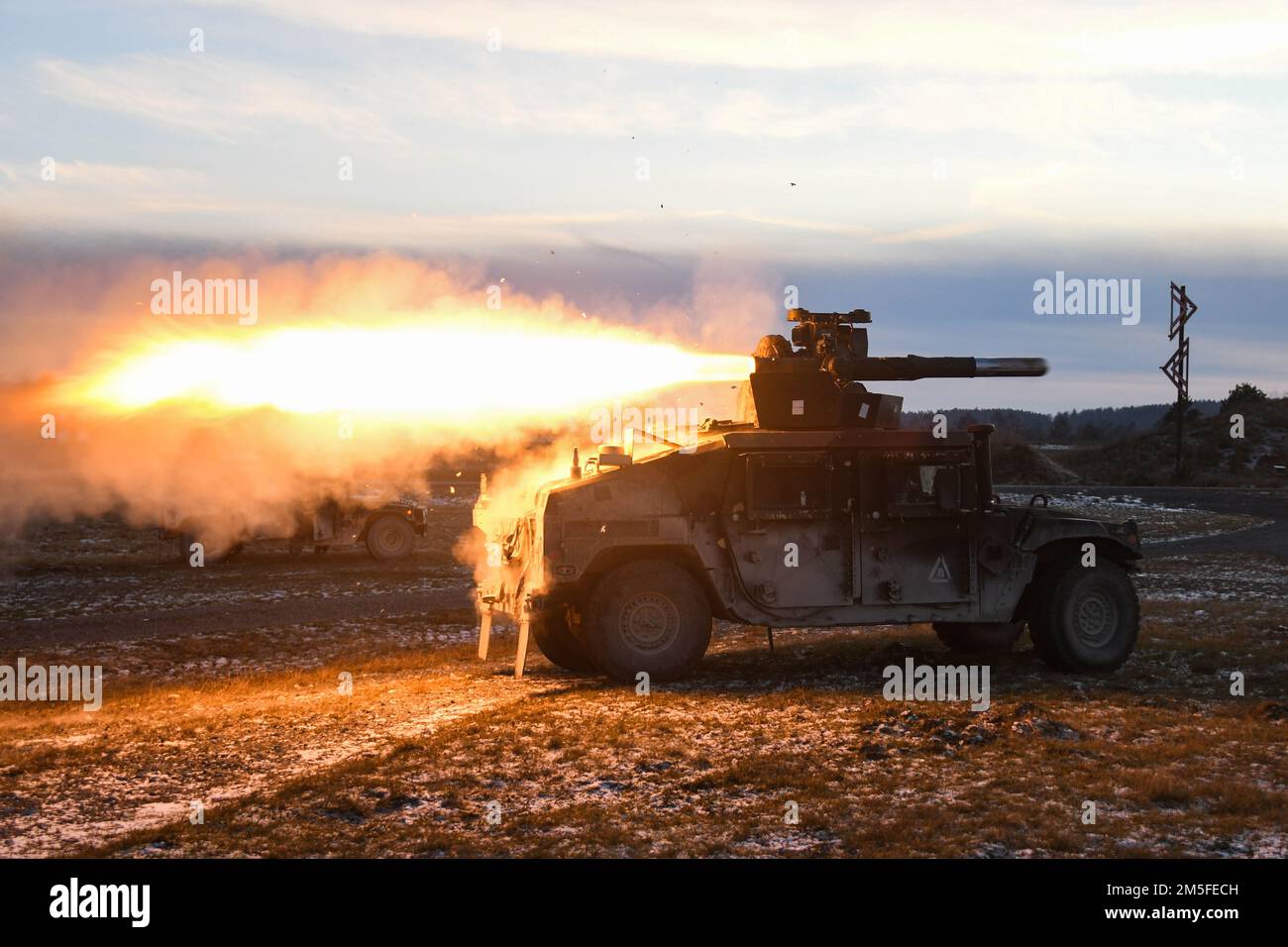 Grafenwoehr, Bayern, Germany. 13th Dec, 2022. U.S. Paratroopers, assigned to 1st Squadron, 91st Cavalry Regiment, 173rd Airborne Brigade, fire a Tube-launched, Optically tracked, Wire-guided (TOW) missile at the 7th Army Training Commands Grafenwoehr Training Area, Germany, December. 13, 2022. The 173rd Airborne Brigade is the U.S. Army Contingency Response Force in Europe, capable of projecting ready forces anywhere in the U.S. European, Africa or Central Commands' areas of responsibility. Credit: U.S. Army/ZUMA Press Wire Service/ZUMAPRESS.com/Alamy Live News Stock Photo