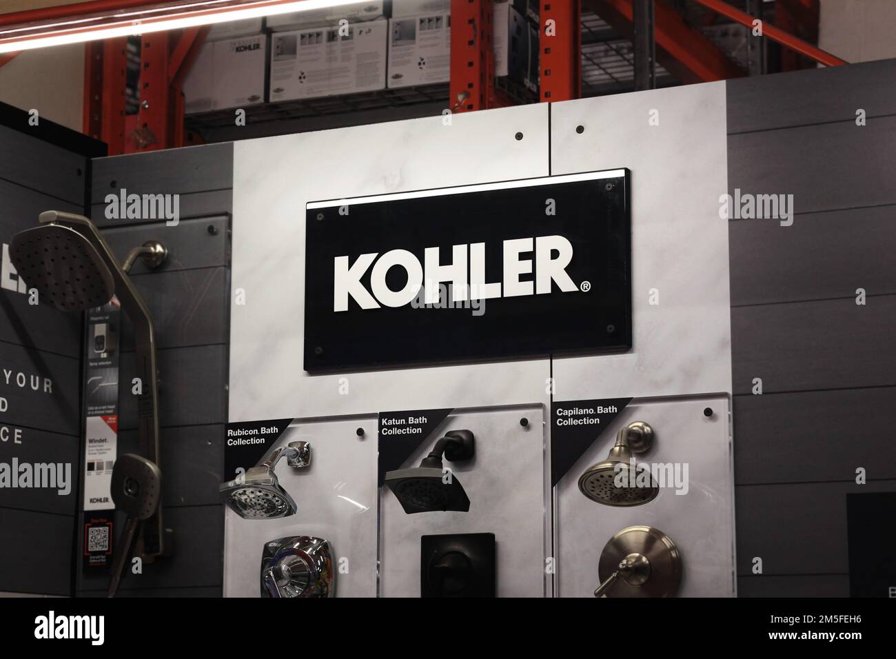 Honolulu, HI - December 27, 2022: Kohler brand shower head display at Home Depot hardware store Stock Photo