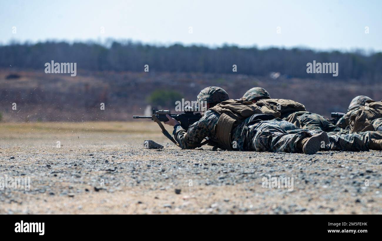 U.S. Marines from the Marine Corps Reserves practice a Mission Rehearsal Exercise on Marine Corps Base Quantico, Virginia, March 11, 2022. This training is in preparation for an upcoming Integrated Training Exercise with active duty components in Twenty Nine Palms, California. Stock Photo