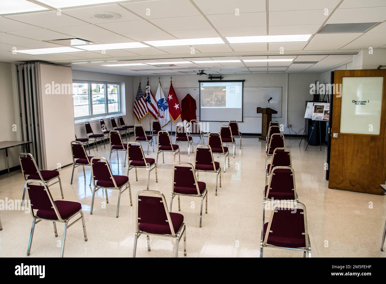 View of the updated classroom space at the Ohio Army National Guard’s Sgt. Edward S. Doan Armory in Portsmouth, Ohio. The facility underwent a two-year, $1.8-millon renovation that included new perimeter fencing; masonry repairs; new windows, roofs and doors; lighting upgrades; and a fully renovated kitchen. Stock Photo