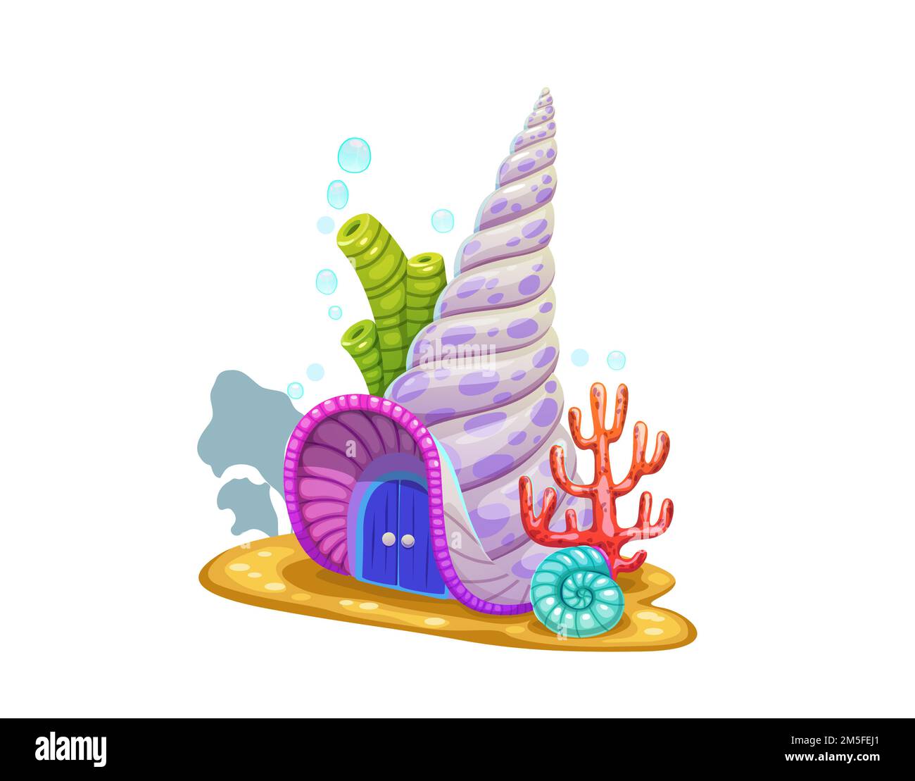 Underwater cartoon sea shell house building. Fairy home marine landscape or scene, fantasy creature dwelling, coral reef animal hut and aquarium vector funny house with mollusk shell on sea bottom Stock Vector
