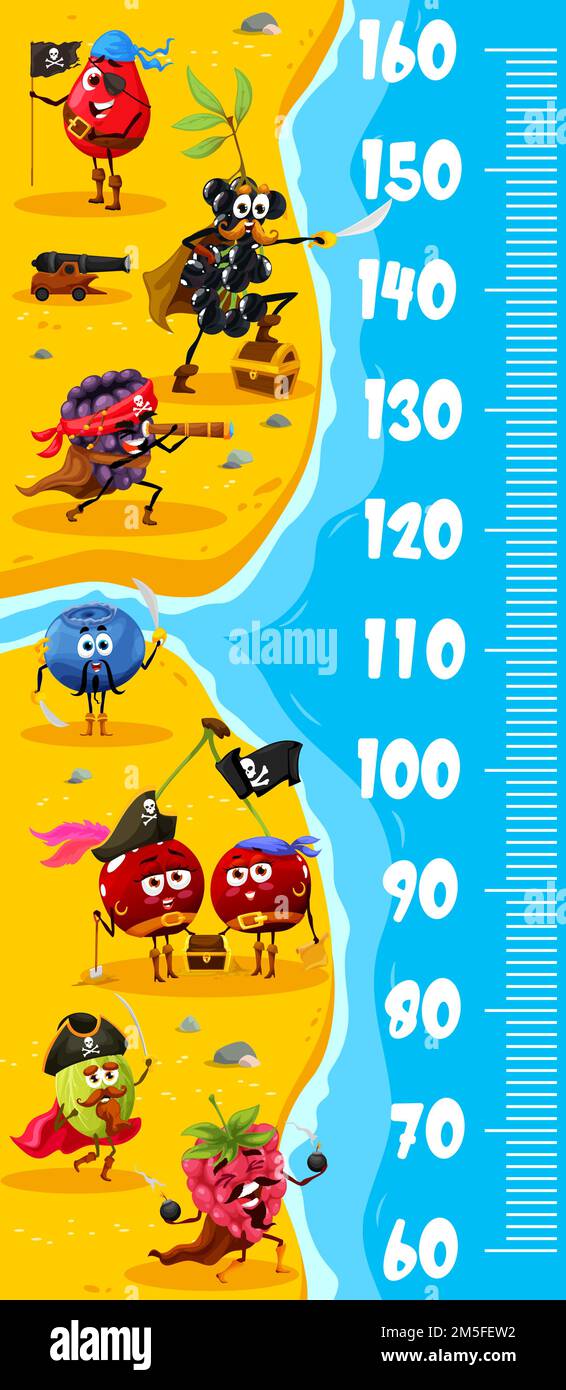 Kids height chart. Cartoon berry pirates and corsairs on treasure island. Kids growth measure vector ruler with rosehip, raspberry and blueberry, elderberry, blackberry and cherry twins Stock Vector