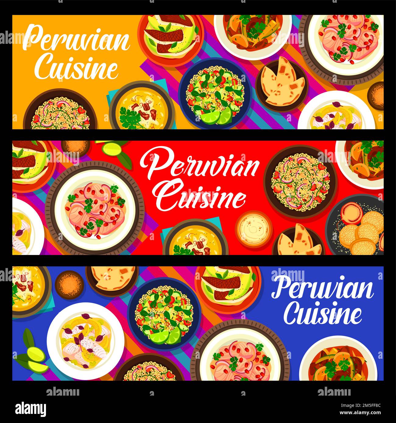 Peruvian cuisine meals vector banners of meat vegetable stew, fish ceviche and quinoa salad. Beef lomo saltado and seafood cebiche with flatbread and dulce de leche sandwich cookie alfajor Stock Vector