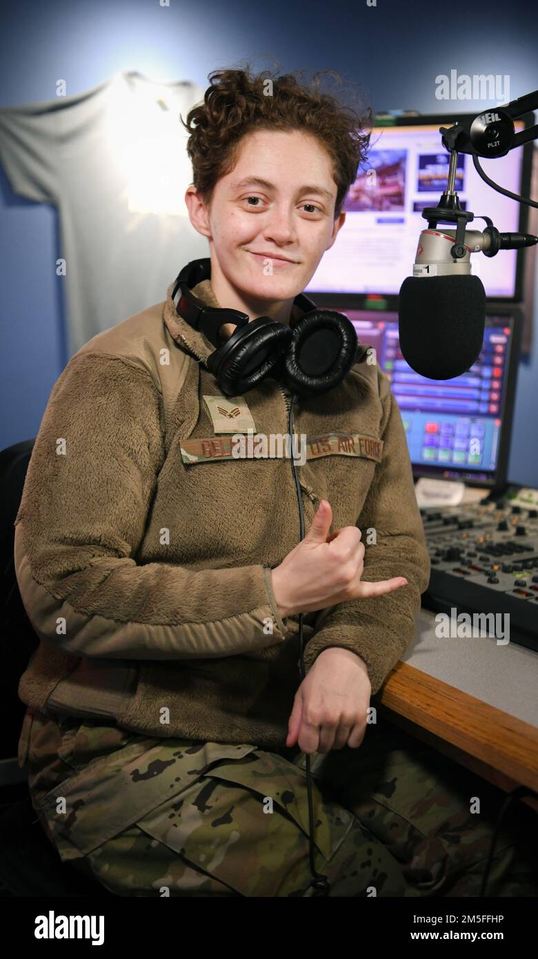 Senior Airman Stephanie Gelardo, AFN Kaiserslautern radio DJ, works in the video section and runs her radio shows as DJ Sunny. As a part of the AFN Kaiserslautern team, Gelardo provides news and entertainment for over 65,000 listeners within the Kaiserslautern military community. Stock Photo
