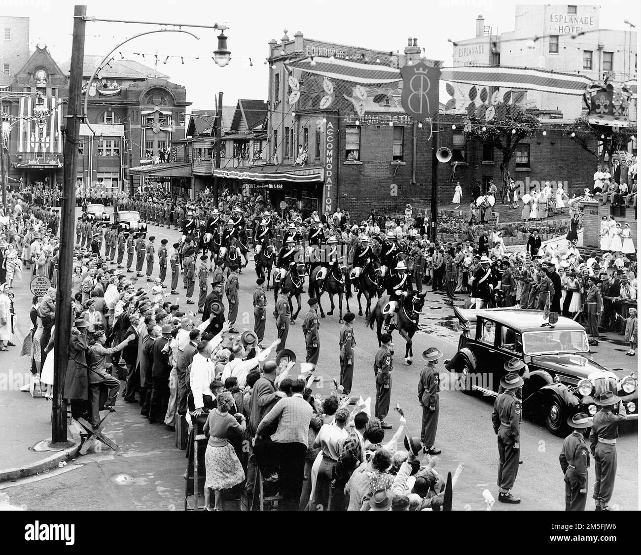 Queen Elizabeth the second visits the New South Wales town of Newcastle during her 1954 royal visit of Australia. Stock Photo