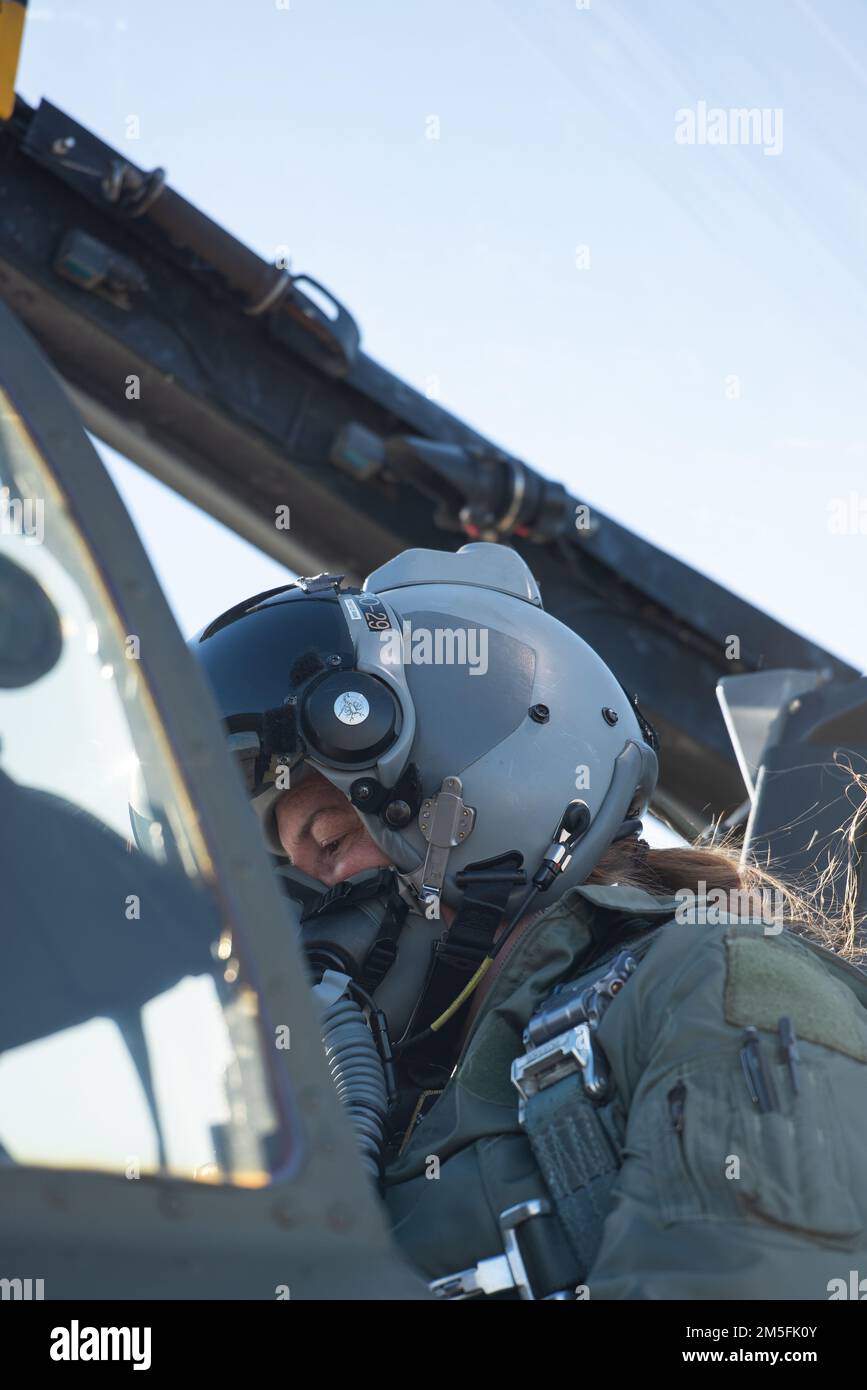 Lt. Col. Jennifer Ovanek, an A-10 Thunderbolt II pilot with the Idaho Air National Guard's 190th Fighter Squadron, conducts a preflight inspection prior to take-off at Gowen Field, Boise, Idaho, March 13, 2022. Ovanek is the 11th female to fly the A-10. Stock Photo