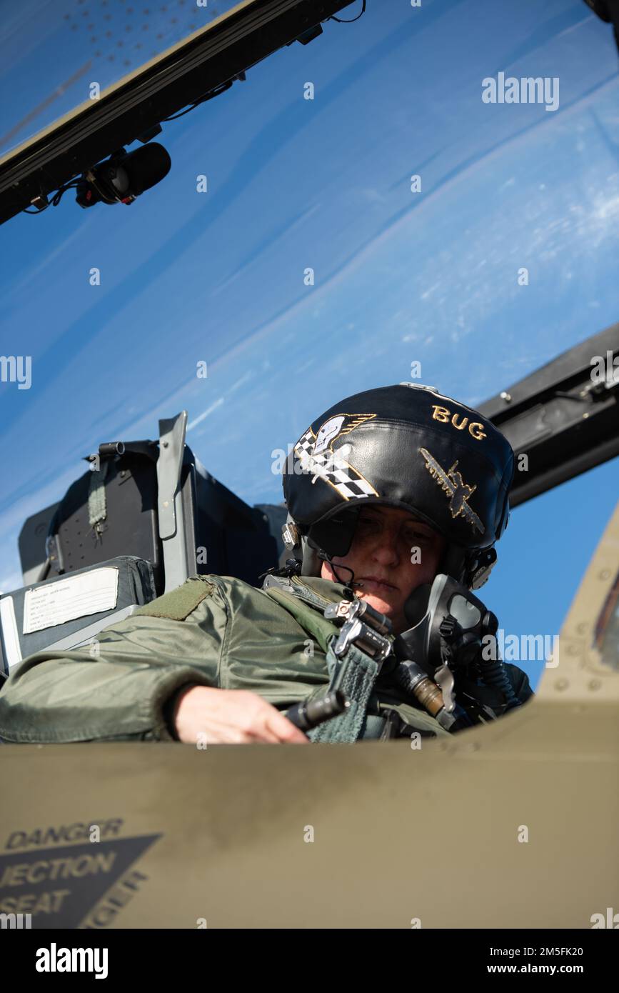 Lt. Col. Jennifer Ovanek, an A-10 Thunderbolt II pilot with the Idaho Air National Guard's 190th Fighter Squadron, conducts a preflight inspection prior to take-off at Gowen Field, Boise, Idaho, March 13, 2022. Ovanek is the 11th female to fly the A-10. Stock Photo