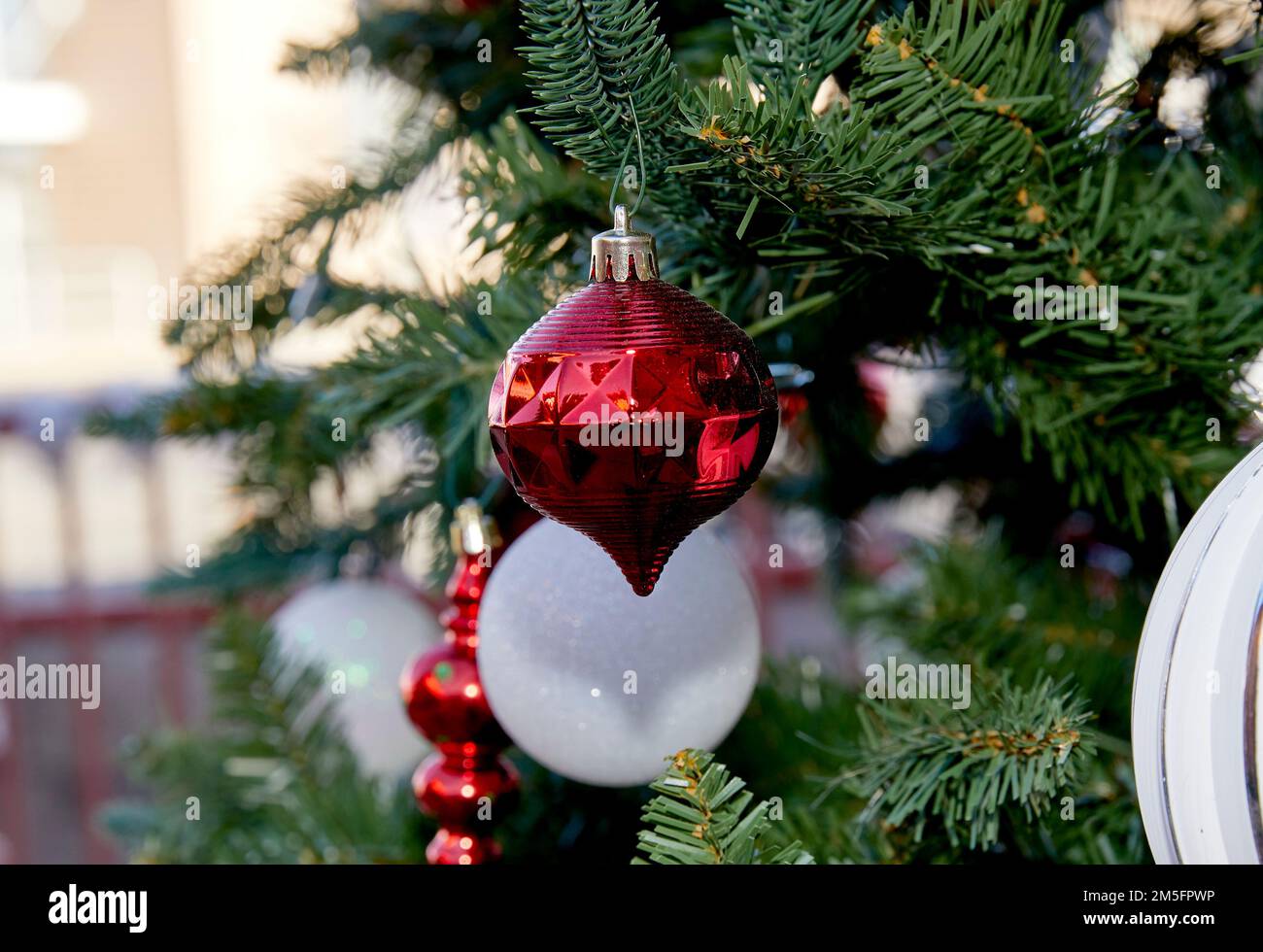 Close up of Ornaments on a Pine Tree for Christmas Holiday Stock Photo ...