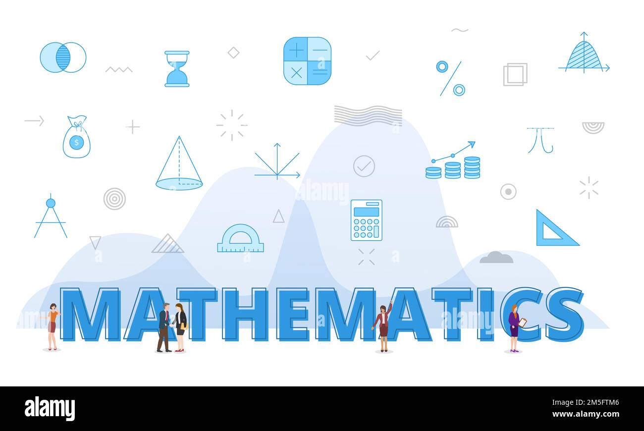 mathematics concept with big words and people surrounded by related
