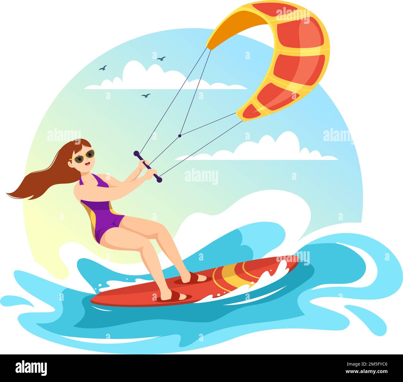 Kitesurfing Illustration with Kite Surfer Standing on Kiteboard in the