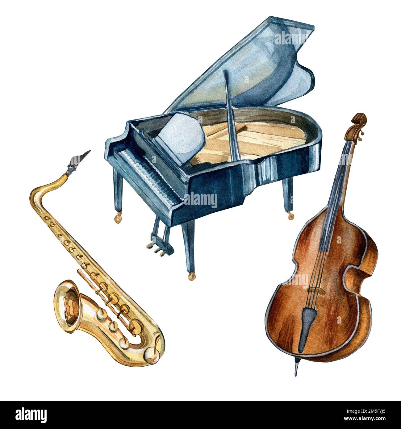 Set of grand piano, saxophone, contrabass musical instruments watercolor illustration isolated. Musical instruments hand drawn. Design element for fly Stock Photo