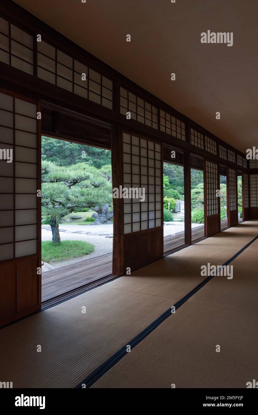 The Kikugetsutei Teahouse, Ritsurin Koen Park, Takamatsu, Japan. Stock Photo