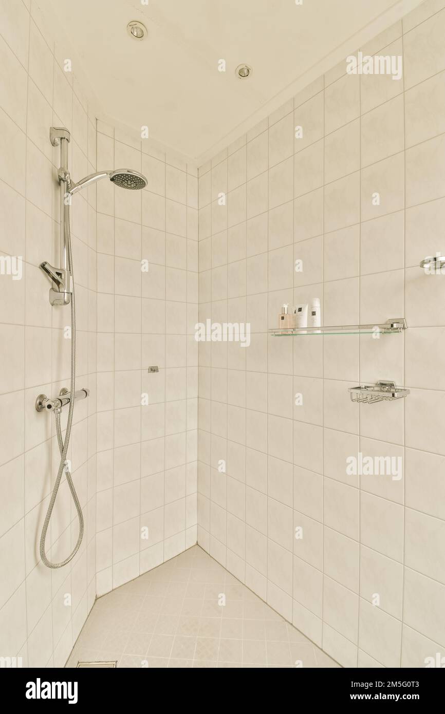 a white tiled bathroom with shower head and hand rails in the wall is