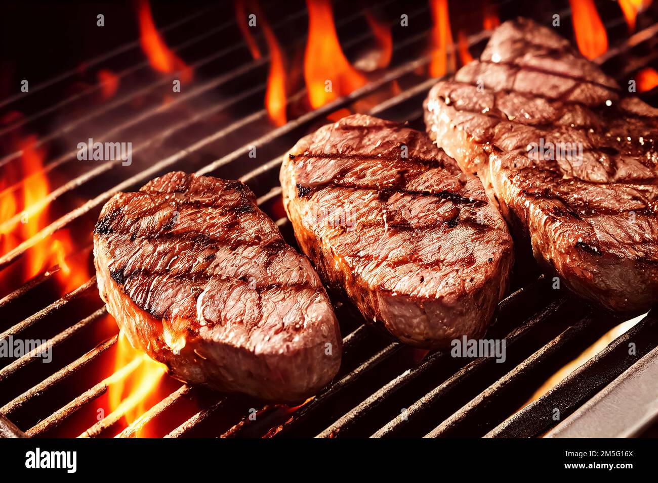 Grilling steaks outside on an open fire grill, food photography, top