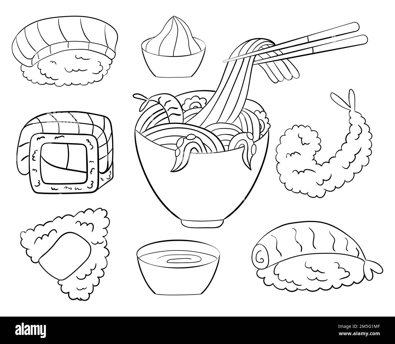 Set of sushi, onigiri, ramen noodles and shrimp , line art. vector illustration on a white background. Stock Vector