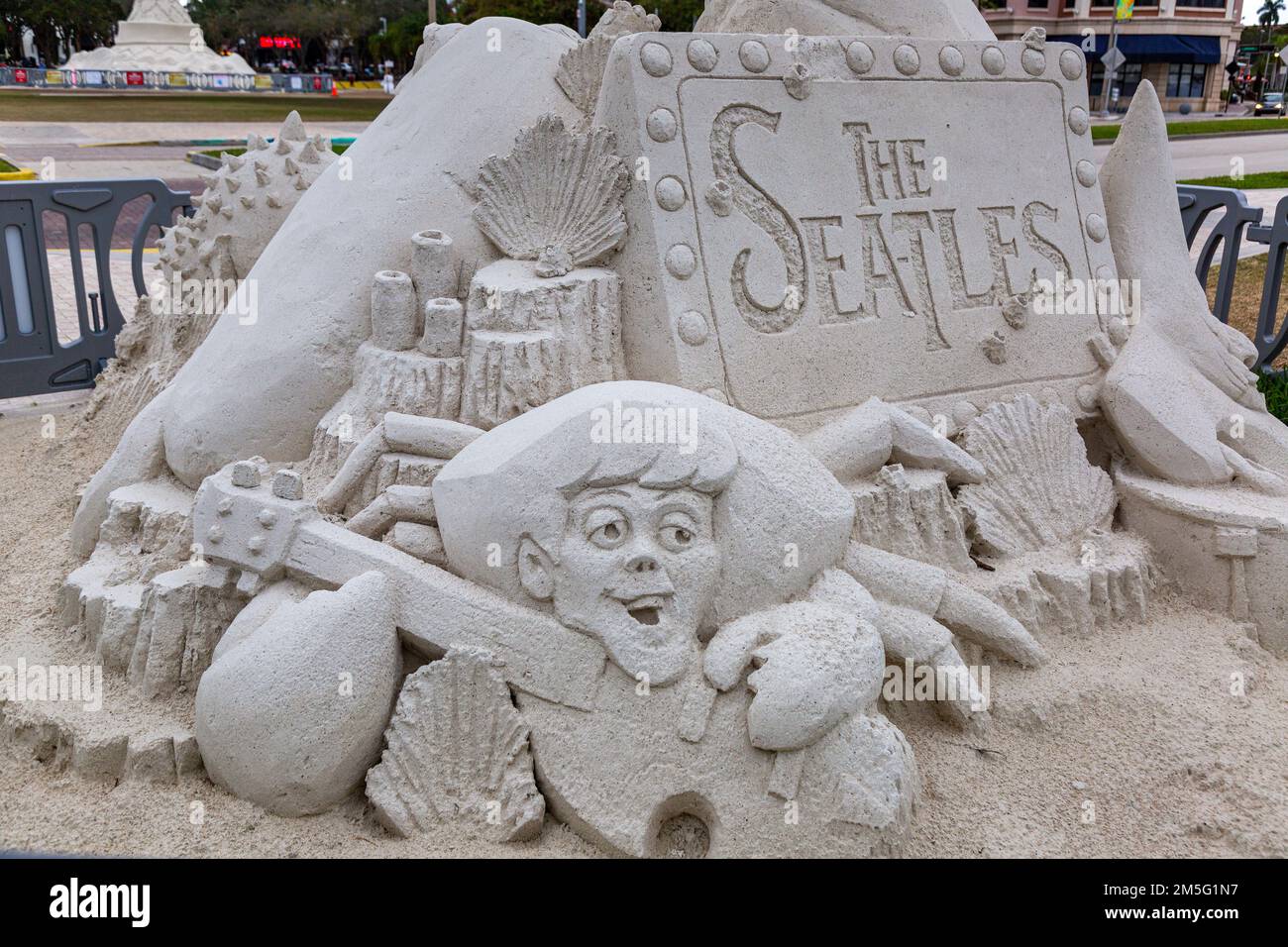 The sand sculpture 'Seatles' by Mark Mason and Team Sandtastic depicts Paul McCartney as a crab playing a guitar in West Palm Beach, Florida, USA. Stock Photo
