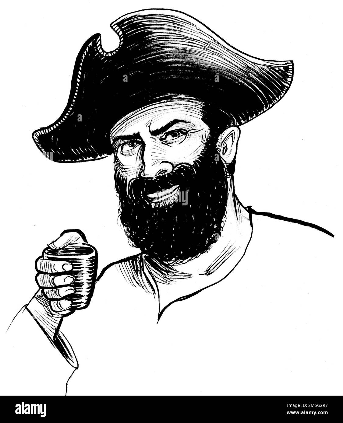 Pirate captain drinking a cup of rum. Ink black and white drawing Stock ...