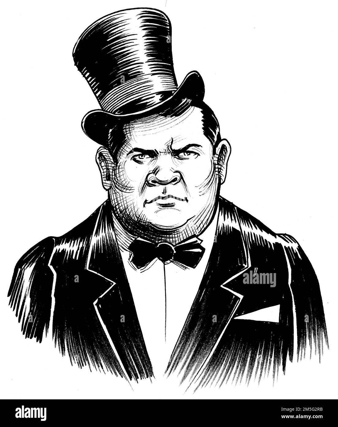 Rich man in suit and tall hat. Ink black and white drawing Stock Photo