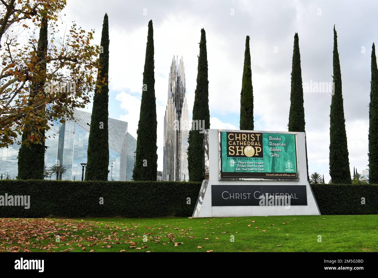 GARDEN GROVE, CALIFORNIA - 28 DEC 2022: Sign at the Christ Cathedral, an American church building of the Roman Catholic Diocese of Orange. Stock Photo