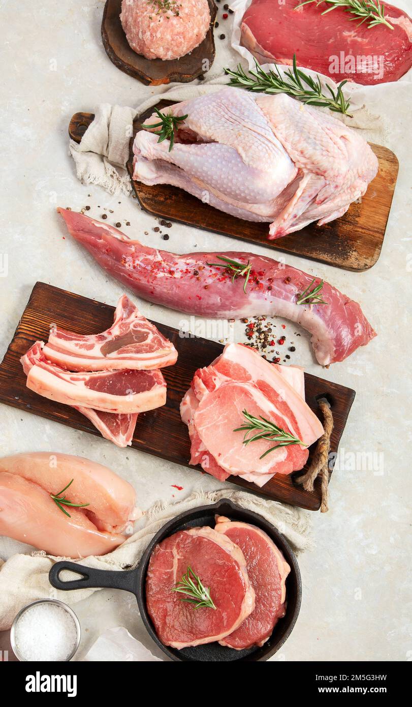 Various types of fresh meat pork, beef and chicken on a grey background. Top view Stock Photo
