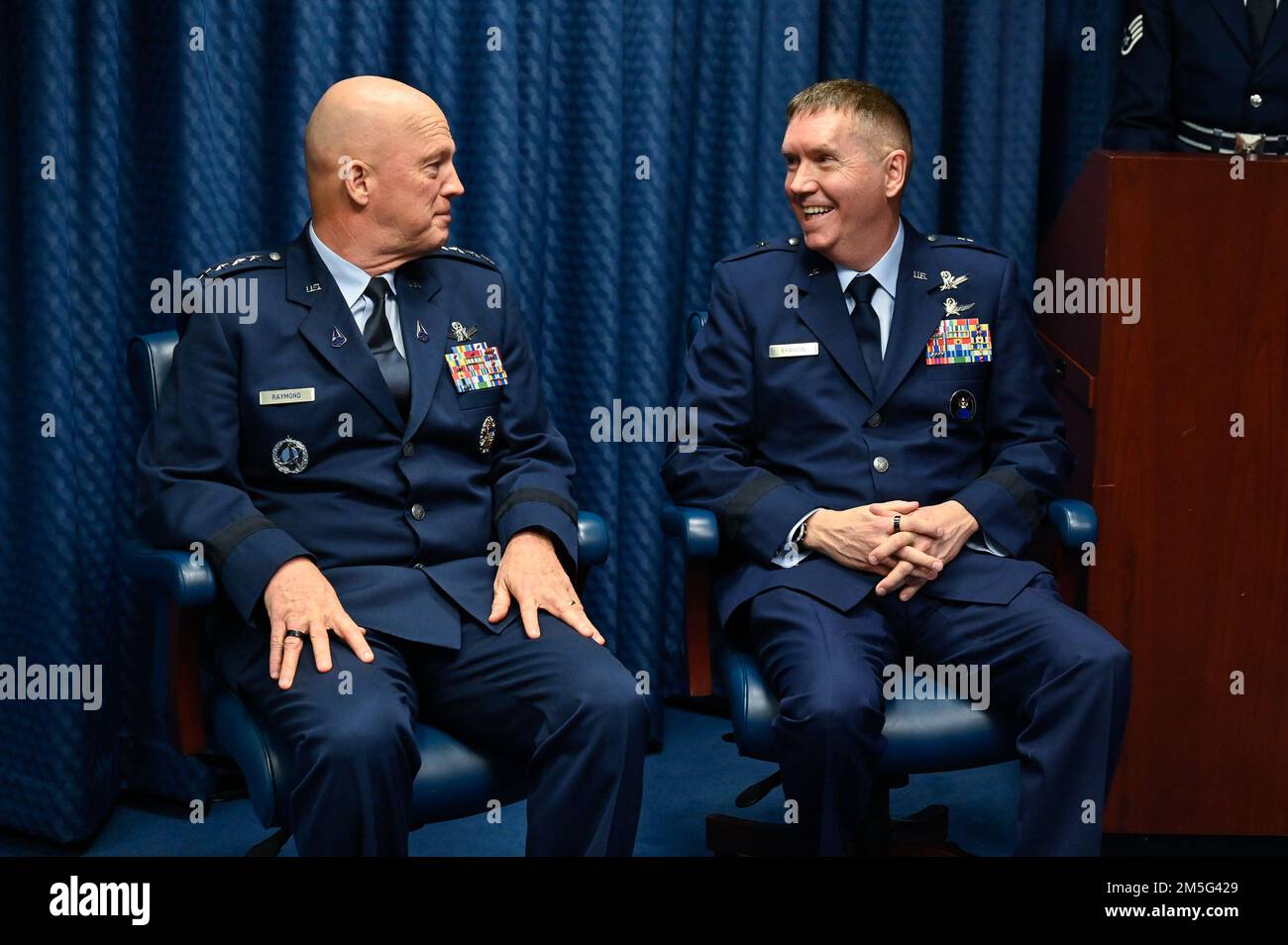 Chief of Space Operations Gen. John W. “Jay” Raymond speaks with Brig. Gen. Shawn Bratton during his promotion to major general at the Pentagon, Arlington, Va., March 16, 2022. Bratton is the commander of Space Training and Readiness Command. Stock Photo