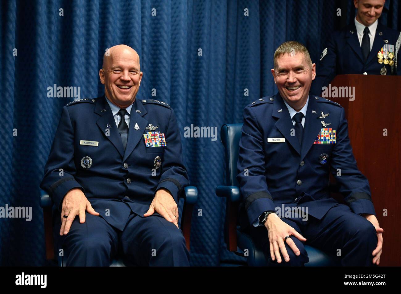 Chief of Space Operations Gen. John W. “Jay” Raymond shares a joke with Maj. Gen. Shawn Bratton during his promotion to major general at the Pentagon, Arlington, Va., March 16, 2022. Bratton is the commander of Space Training and Readiness Command. Stock Photo