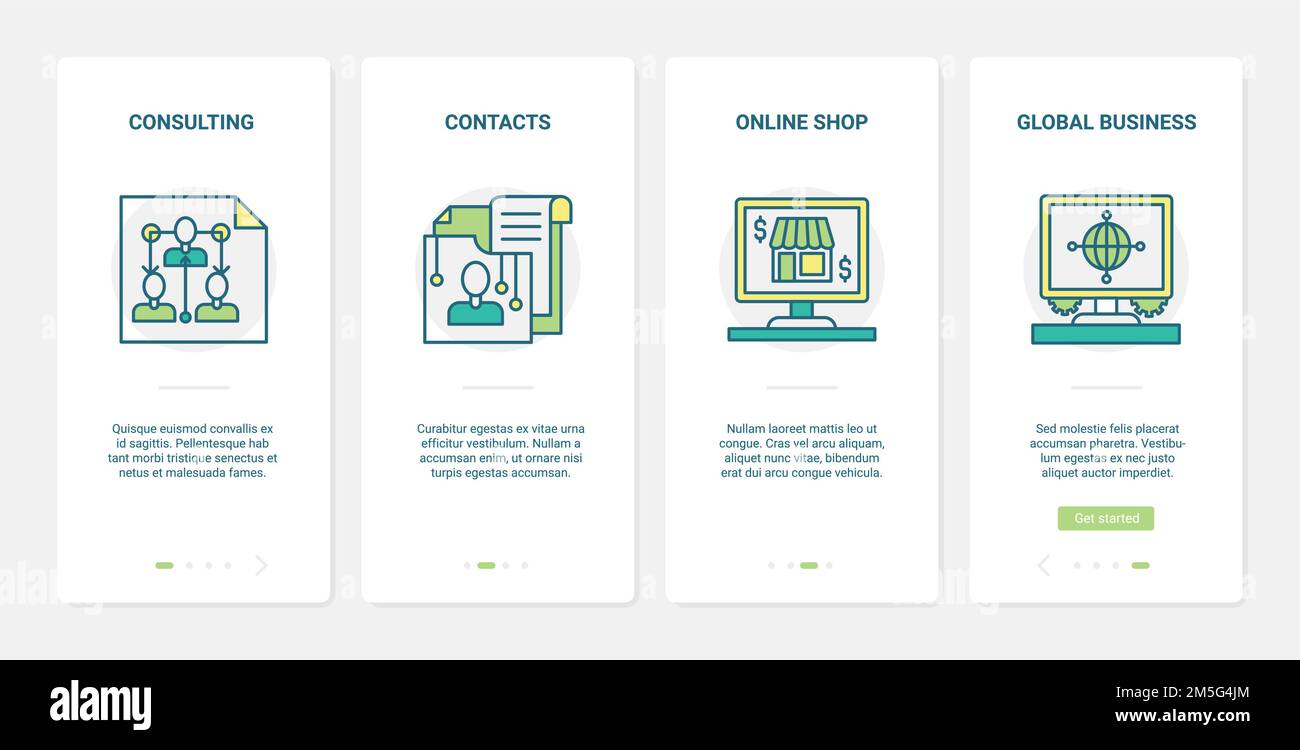 Finance consulting technology vector illustration. UX, UI onboarding mobile app page screen set with line financial consultant agency service, global Stock Vector