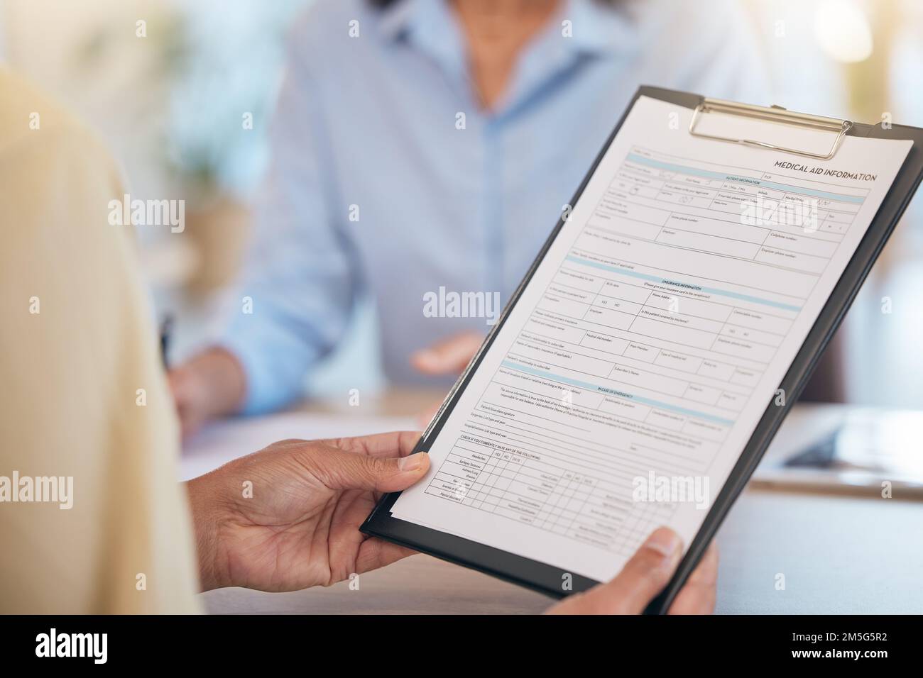 Medical documents, patient with clipboard and health with insurance and