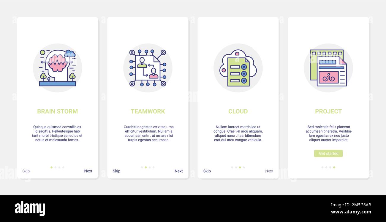 Brainstorm teamwork creative process vector illustration. UX, UI onboarding mobile app page screen set with line brain work for organization, project Stock Vector