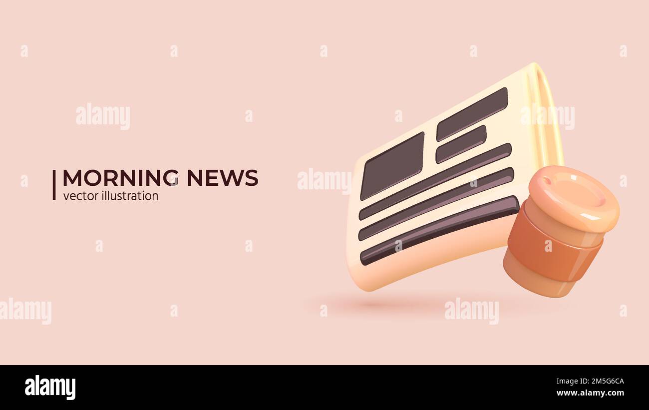 3D News Concept. Realistic 3d Design of Newspaper with Hot Morning Coffee. Newspaper, News, Paper, headline in Trendy colors. Vector illustration in cartoon minimal style. Stock Vector