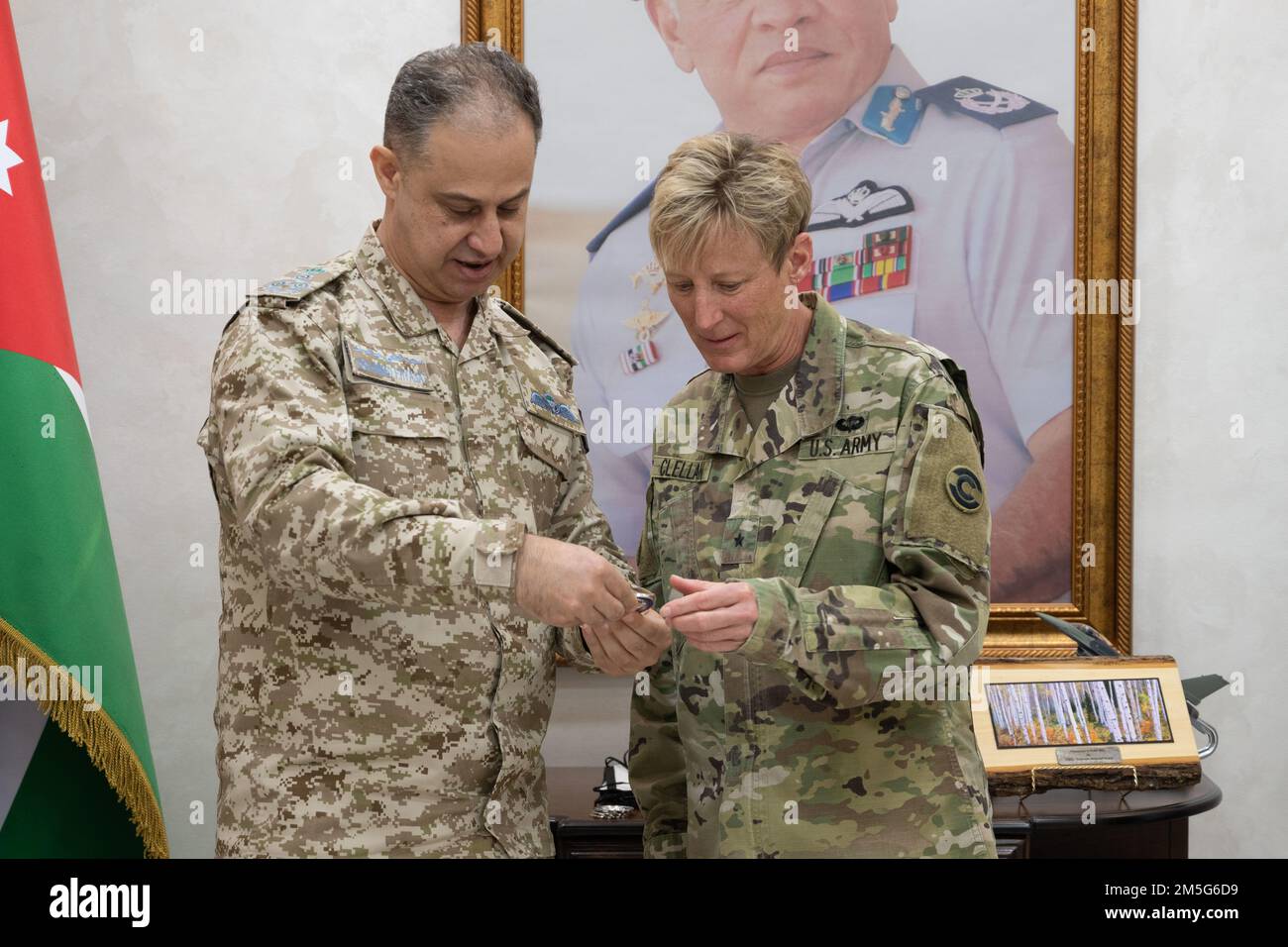 The Adjutant General of Colorado, U.S Army Brig. Gen. Laura Clellan tours with Brig. Gen. Mohammad Hiyasat, commander, Royal Jordanian Air Force and senior leaders for the CONG and RJAF, Mar. 16, 2022 in Amman, Jordan. Colorado and the Hashemite Kingdom of Jordan have shared a partnership under the National Guard Bureau’s State Partnership Program since 2004. Stock Photo