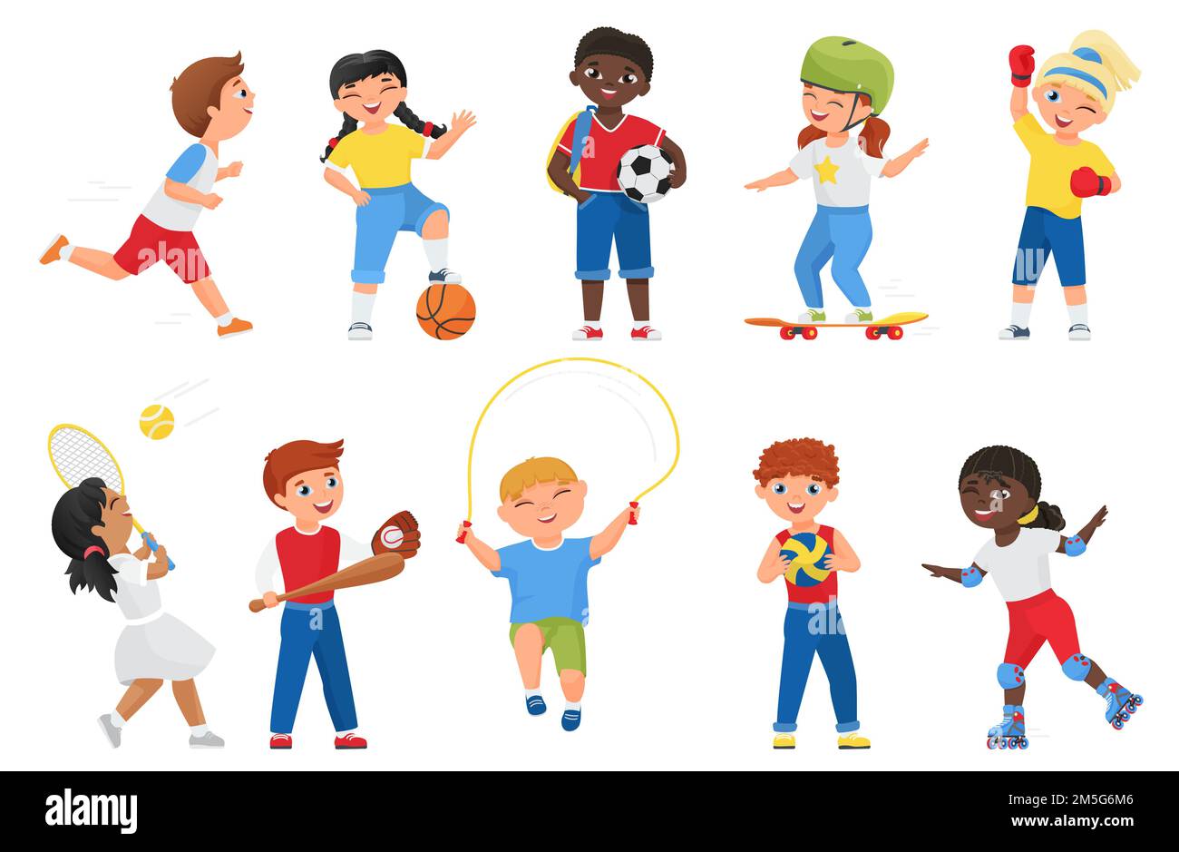 Happy kids do sports exercises vector illustration. Cartoon sportive boy girl child characters run marathon, roller skate or skateboard, jump rope, pl Stock Vector