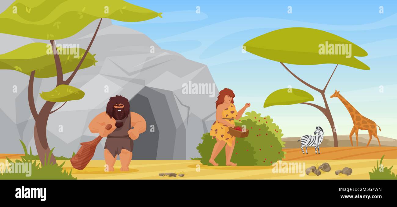 Primitive couple people get food vector illustration. Cartoon primeval hunter caveman character holding club for hunting prehistoric wild animal, nean Stock Vector