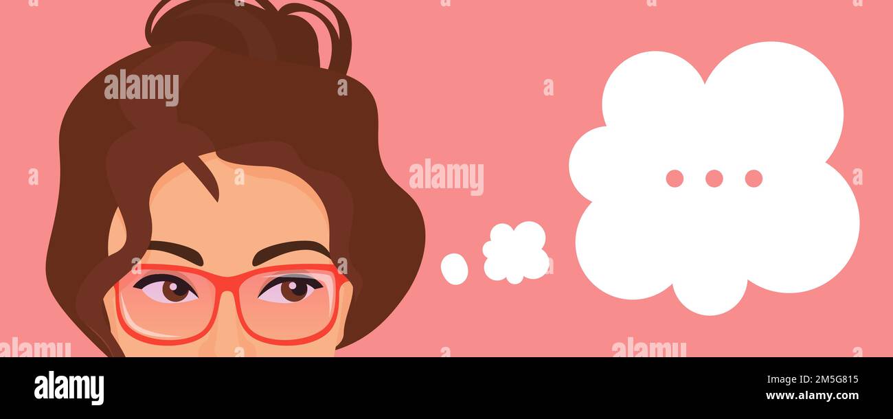 Girl thinking vector illustration. Cartoon beautiful young woman character with eyeglasses thinking about problem think bubble, expression portrait wi Stock Vector