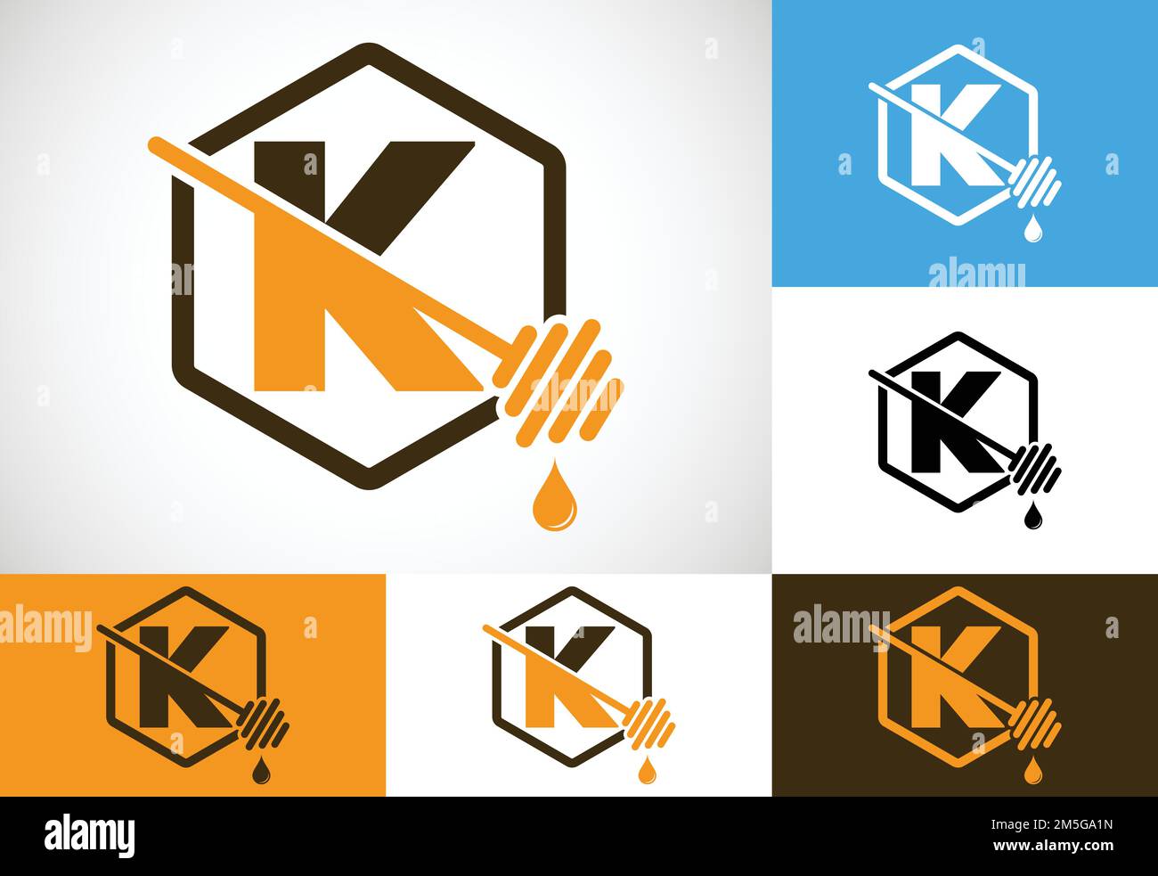 Initial letter K with honeycomb bees logo design vector illustration. Honey logo font emblem Stock Vector