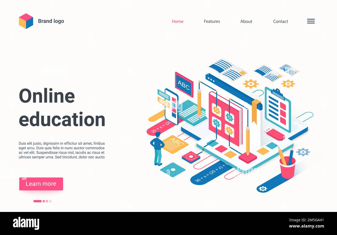 Online distance education technology isometric vector illustration. Cartoon 3d web learning, connect to webinar tutorial or workshop lessons with stud Stock Vector