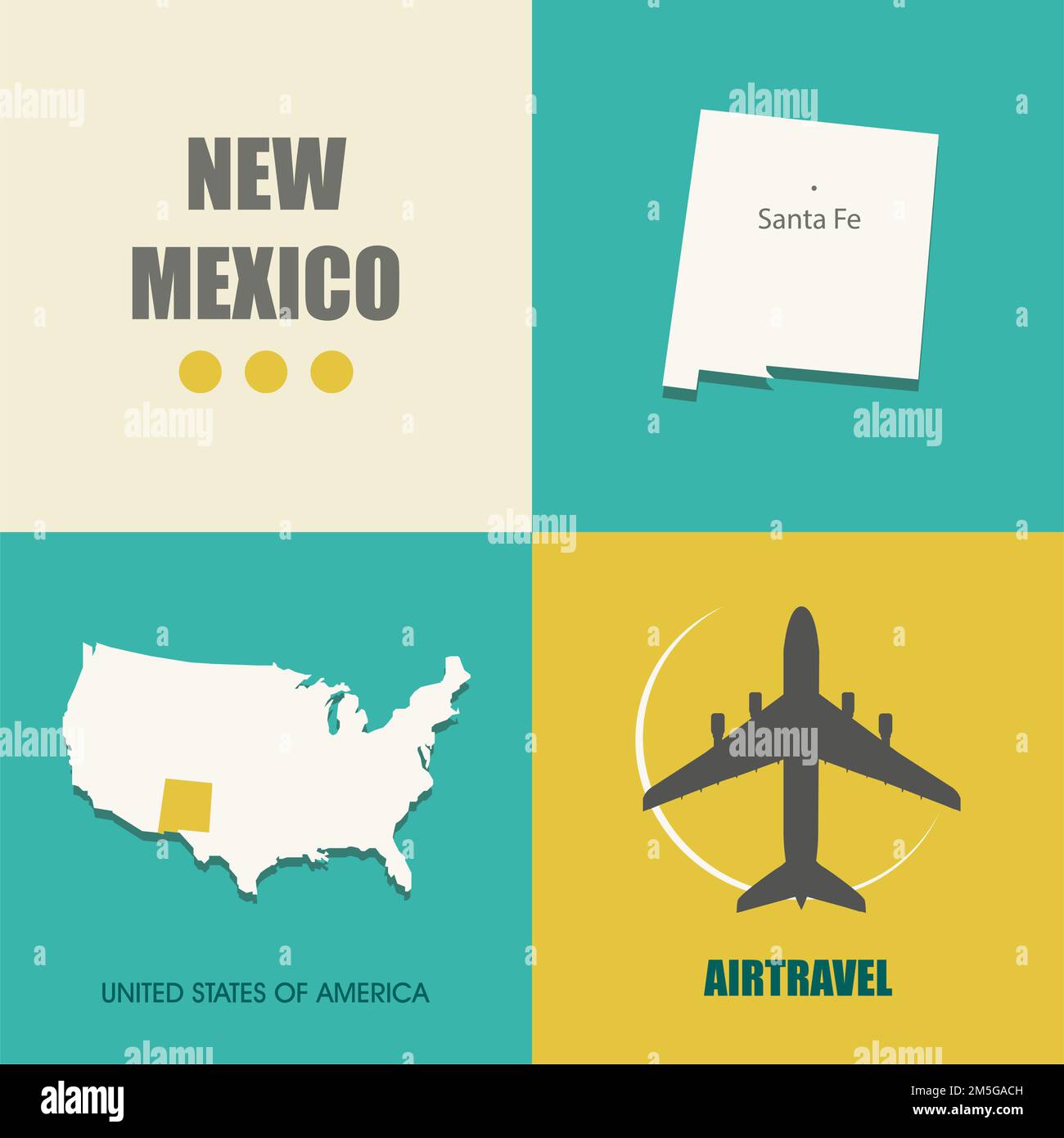 Flat Design With Map New Mexico Concept For Air Travel Stock Vector