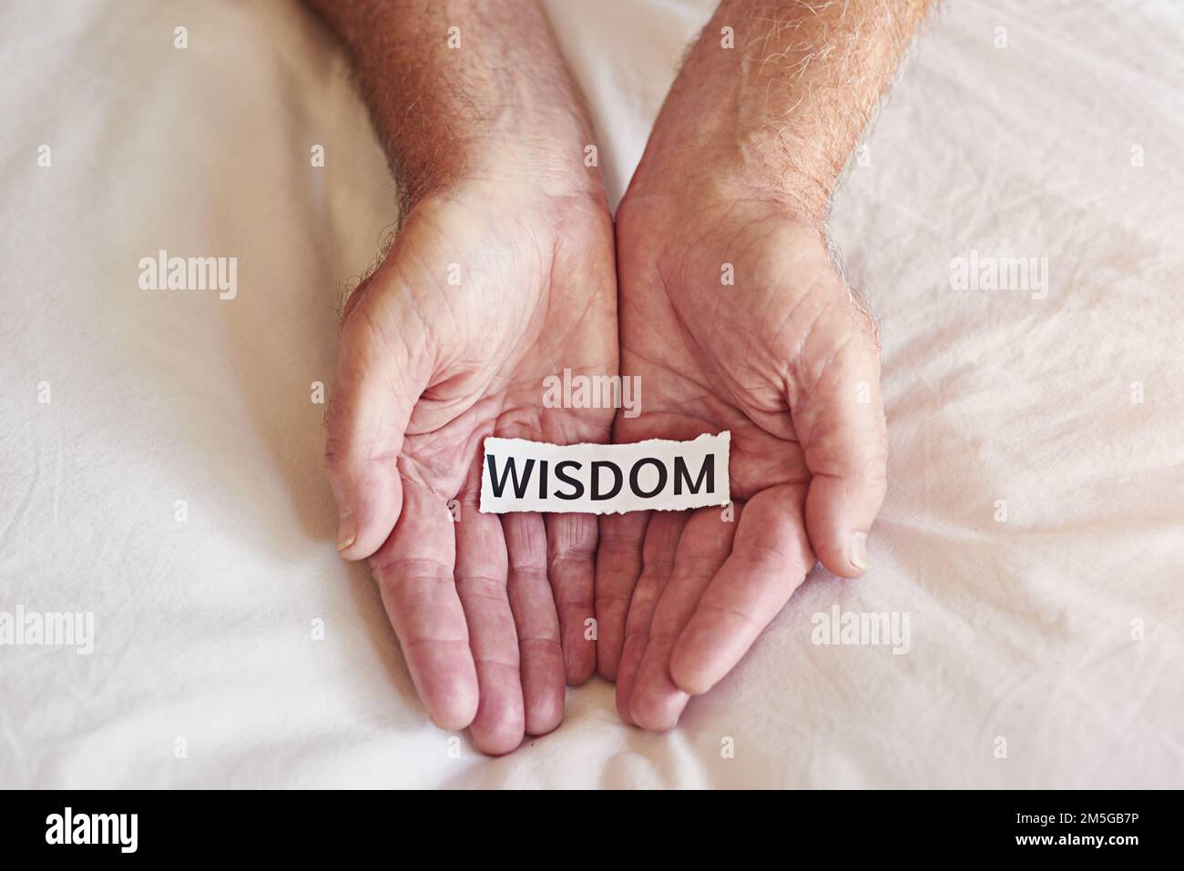 The greatest tutor youll have is experience. a person holding a piece of paper with the word wisdom written on it. Stock Photo