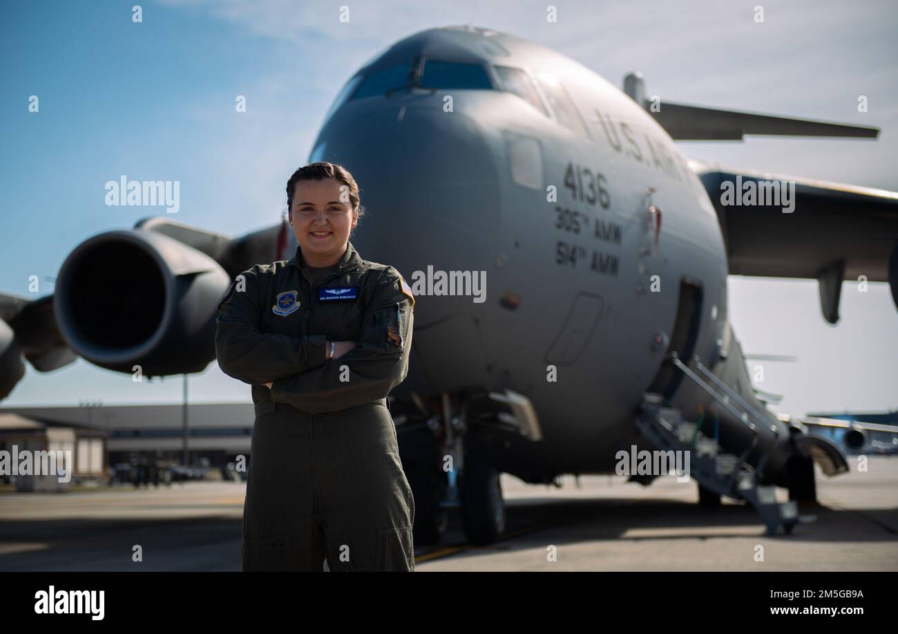 U.S. Air Force Senior Airman Madison E. Robitaille, 6th Airlift Squadron loadmaster, poses for a photo on Joint Base McGuire-Dix-Lakehurst, N.J., March 11, 2022. Robitaille participated in Joint Base MDL’s Women’s History Month social media campaign for March 2022. Stock Photo