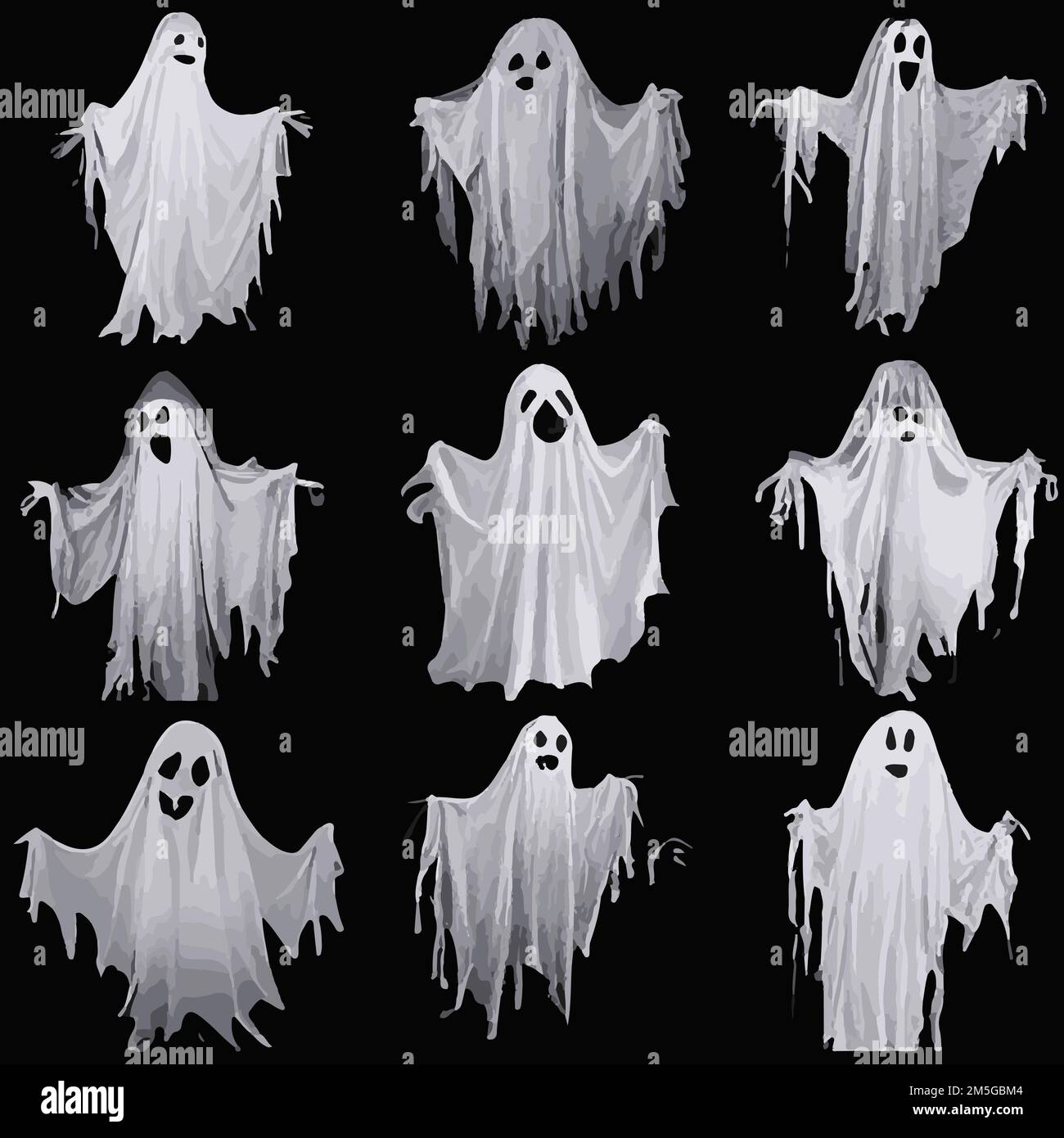 Set of spooky ghosts, spirits, scary halloween characters isolated on