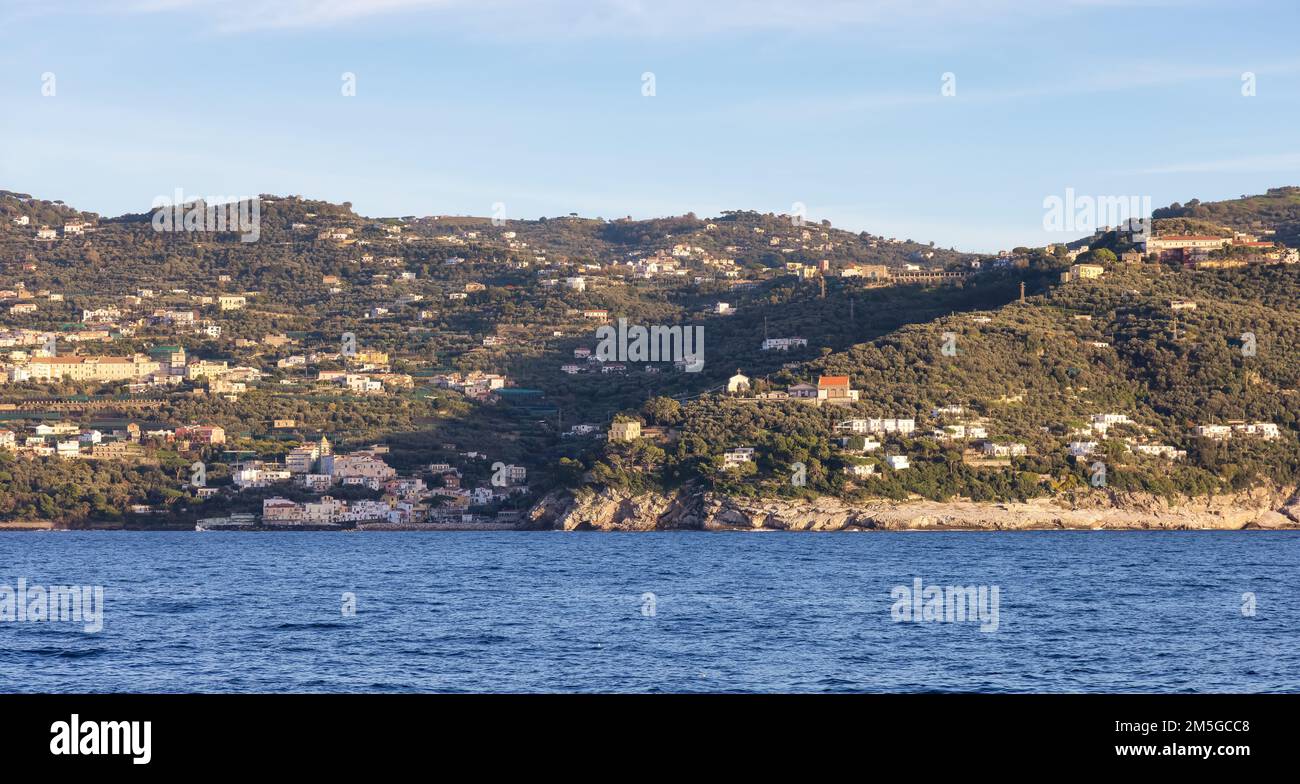 Rocky Coast and Homes near Touristic Town, Sorrento, Italy. Amalfi Coast. Stock Photo