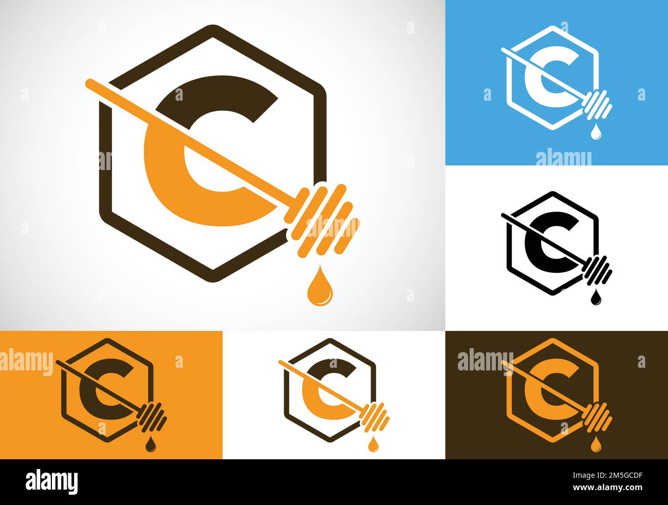 Initial letter C with honeycomb bees logo design vector illustration. Honey logo font emblem Stock Vector